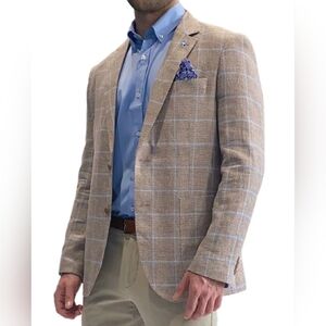 Tailorbyrd LT OLIVE‎ Men's Khaki/Blue Textured Windowpane Sport Coat US 46L EUC